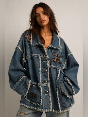 Handmade Upcycled Embroidered Denim Jacket with Frayed Edges Size Large Pit 23